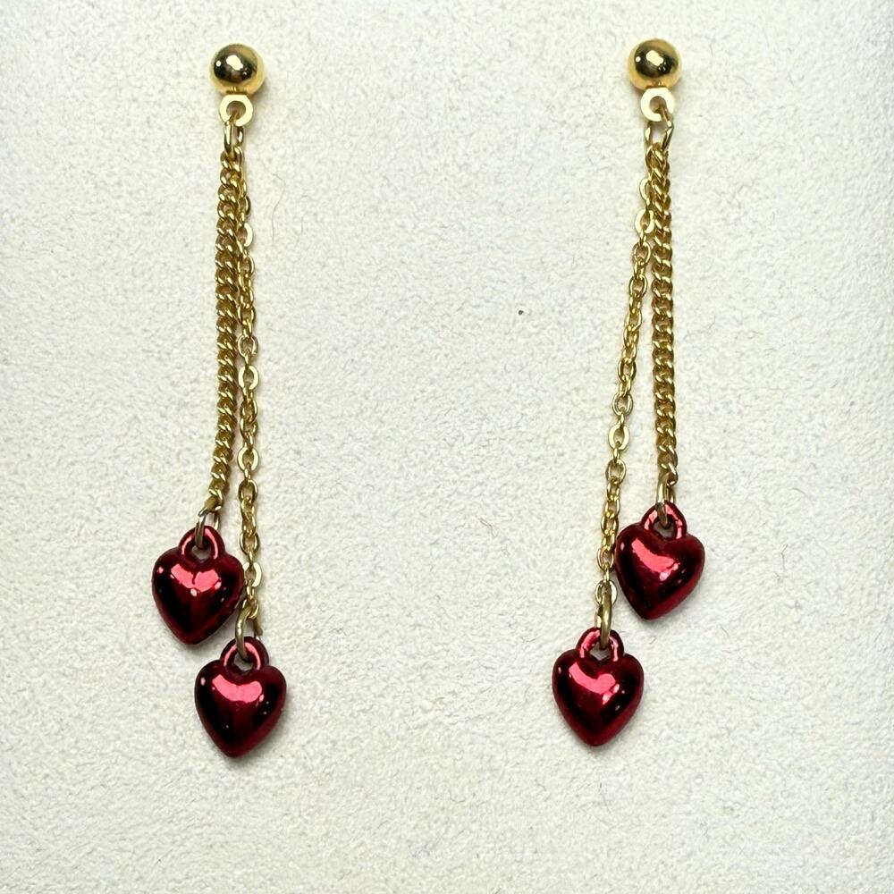 Vintage Red Double Heart Drop Dangle Gold Tone Post Earrings Coquette Romantic